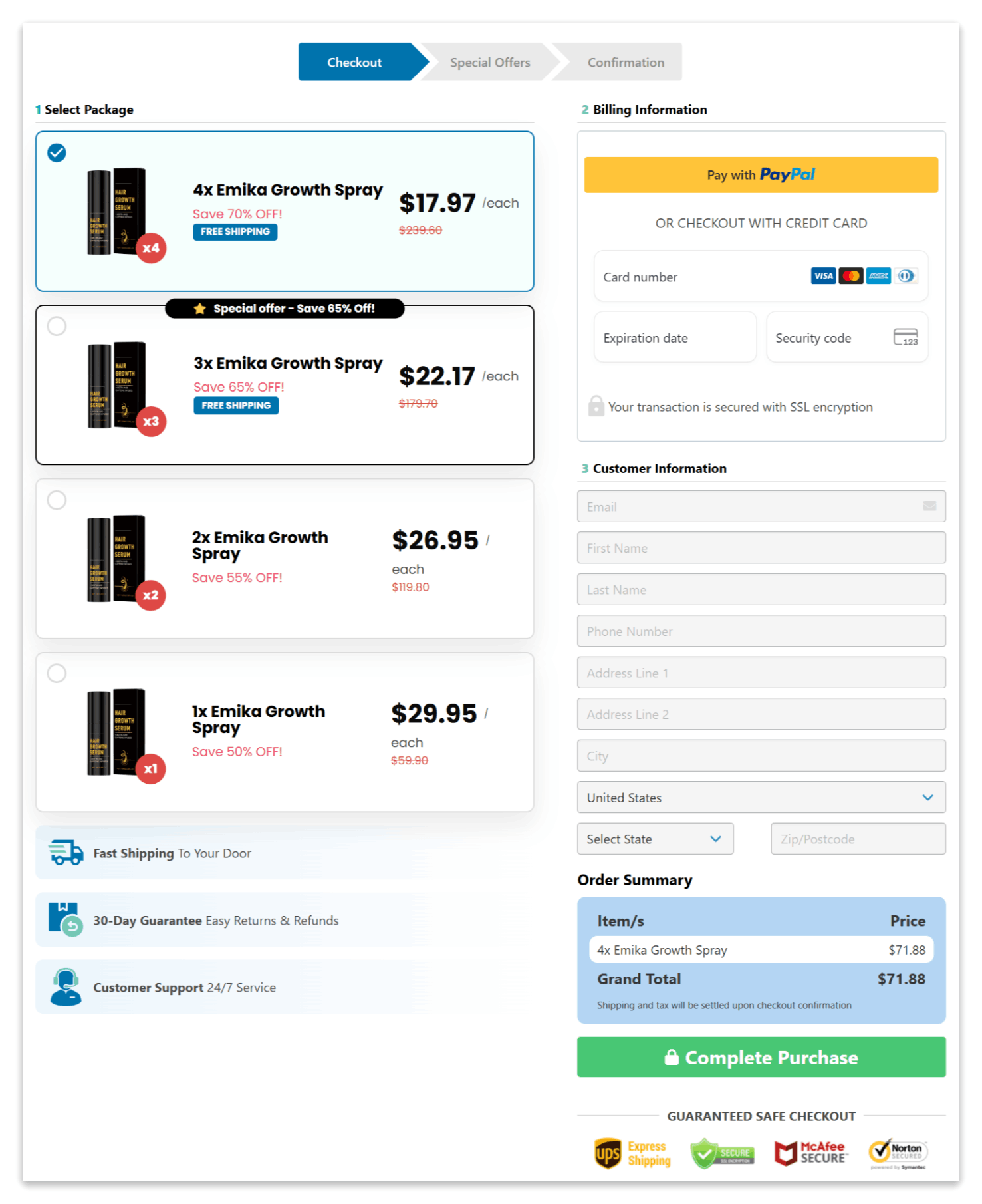 Emika Spray secure checkout page